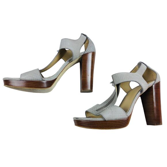 3698 Michael Kors Grey Leather Snake Embossed Heels Peep Toe Zip Sandals 10M - Picture 5 of 8